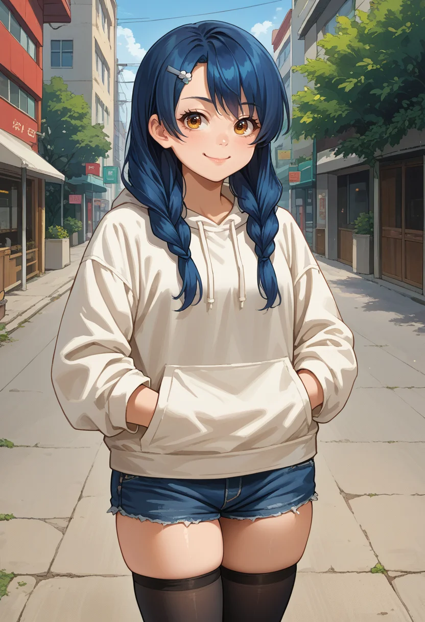 score_9, score_8_up, source_anime, 1girl, solo, MegumiTadokoro, long hair, twin braids, hairclip, white hoodie, denim shorts, black thighhighs, skindentation, hands in pockets, outdoors, smile, smug, <lora:ChamMegumiTadokoroPonyXL:1>