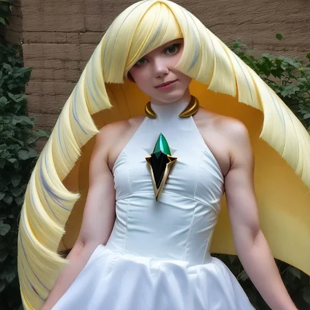 Realistic, 1girl, solo, lusamine, blondehair, green eyes, sleeveless, white dress,