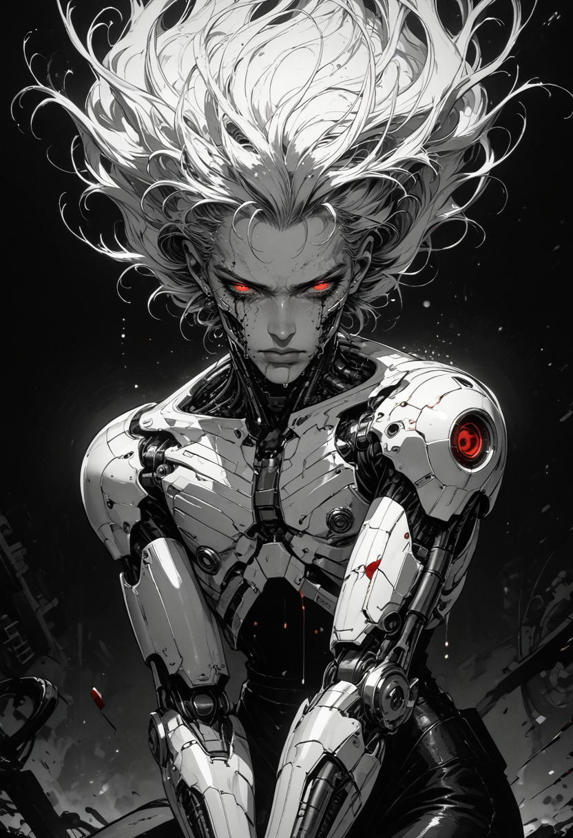 score_9, score_8_up, score_7_up, sad, tears, 1boy, mechanical parts, cyborg, mask, half closed eyes, red eyes, spot color,  monochrome, greyscale, male focus, floating hair, eyelashes, dripping, silhouette,  limited palette, dark aesthetic, Sinozick, kneeling, blood, in pain, <lora:sdxl_lightning_8step_lora:1><lora:Art_Adams_Style_Pony_XL:0.5><lora:Dark_Anime:0.2><lora:glowneon_xl_v1:0.4> <lora:nostalgia-000011:0.3>  <lora:GRIM_v1:0.4>  <lora:Sinozick2:0.3>