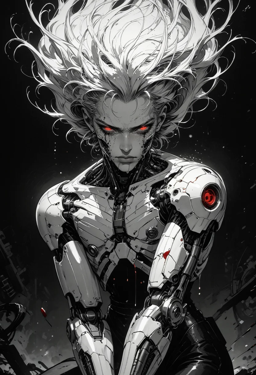 score_9, score_8_up, score_7_up, sad, tears, 1boy, mechanical parts, cyborg, mask, half closed eyes, red eyes, spot color, monochrome, greyscale, male focus, floating hair, eyelashes, dripping, silhouette, limited palette, dark aesthetic, Sinozick, kneeling, blood, in pain, <lora:sdxl_lightning_8step_lora:1><lora:Art_Adams_Style_Pony_XL:0.5><lora:Dark_Anime:0.2><lora:glowneon_xl_v1:0.4> <lora:nostalgia-000011:0.3> <lora:GRIM_v1:0.4> <lora:Sinozick2:0.3>