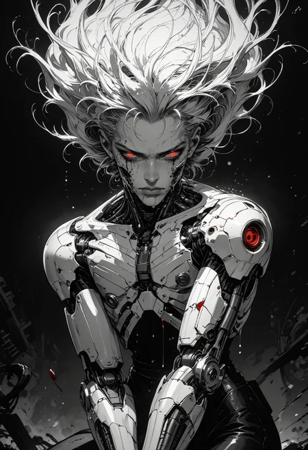 score_9, score_8_up, score_7_up, sad, tears, 1boy, mechanical parts, cyborg, mask, half closed eyes, red eyes, spot color, monochrome, greyscale, male focus, floating hair, eyelashes, dripping, silhouette, limited palette, dark aesthetic, Sinozick, kneeling, blood, in pain, <lora:sdxl_lightning_8step_lora:1><lora:Art_Adams_Style_Pony_XL:0.5><lora:Dark_Anime:0.2><lora:glowneon_xl_v1:0.4> <lora:nostalgia-000011:0.3> <lora:GRIM_v1:0.4> <lora:Sinozick2:0.3>
