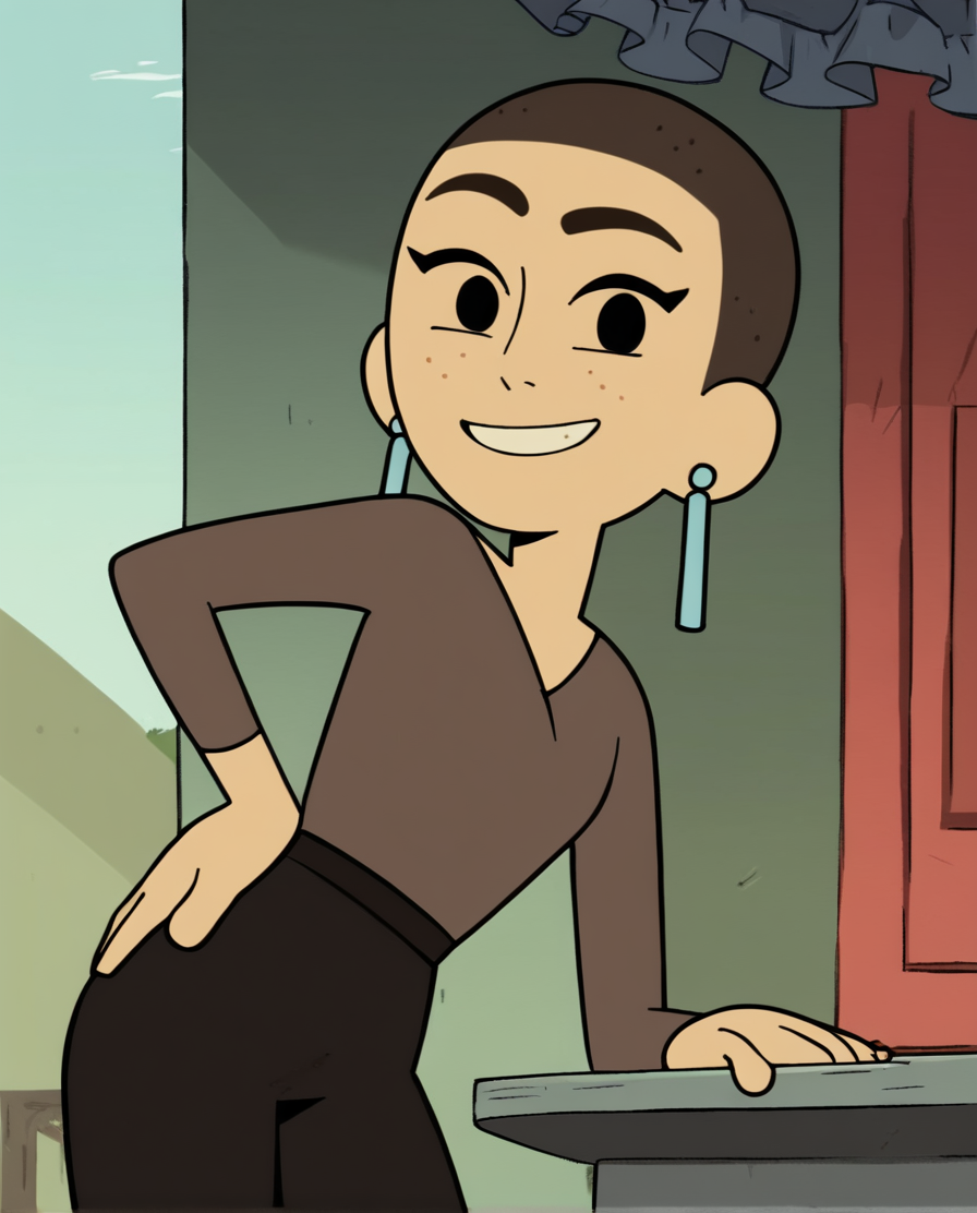 <lora:KatCOTCpony:0.85> kat, earrings, solo, shirt, 1girl, very short hair, brown hair, smile, black eyes, long sleeves, pants,outdoors, score_9, score_8_up, score_7_up, score_6_up, score_5_up, score_4_up, looking at viewer, hand on own hip, cowboy shot,