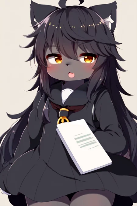 safe for work, (art by nefuraito336), (best quality:1.5), (focus in solo), furry girl, cat, ahoge, long hair, (cute round face), (black skin), fluffy tail, ((student dress)), ((in house)),