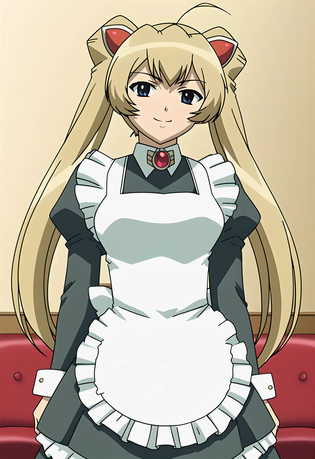 , score_9, source_anime BREAK, indoors, living room, standing, sexy pose, leaning on wall, <lora:AyumiMamiya(One Trainer)V1:1>AyumiMamiya, 1girl, solo, evil smile, looking at viewer,
long hair, blonde hair, bangs, (sidelocks), twintails, hair ornament, ahoge,
maid, apron, white apron, brooch, collared dress,