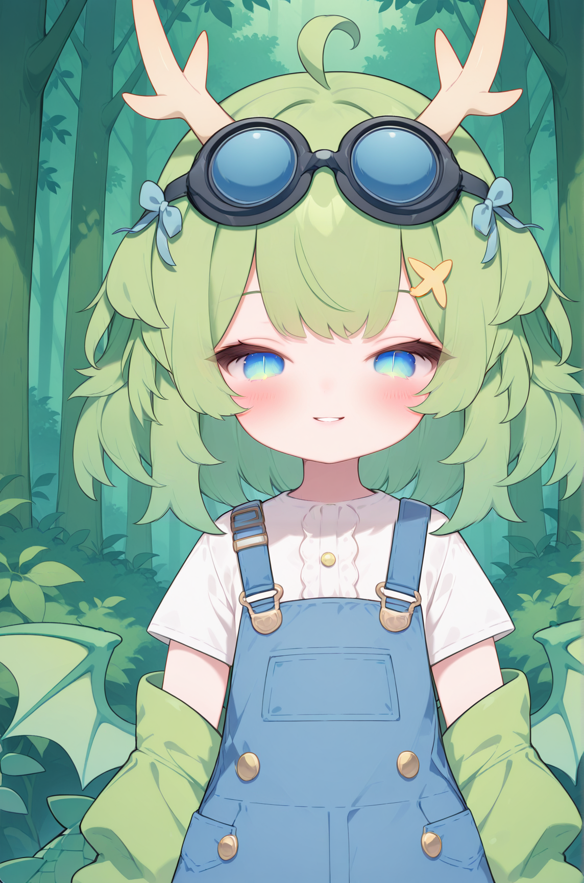 masterpiece,best quality,amazing quality, DragonGirlMPVTILXL, 1girl, blue eyes, slit pupils, green hair, short hair, bangs, ahoge, horns, hair ornament, blue bow, black goggles, goggles on head, green wings, dragon tail, flat chest, white shirt, short sleeves, blue overall short, solo, front view, (portrait, upper body), solo focus, seductive smile, looking at viewer, forest, tree    <lora:DragonGirlMPVTILXL:1>