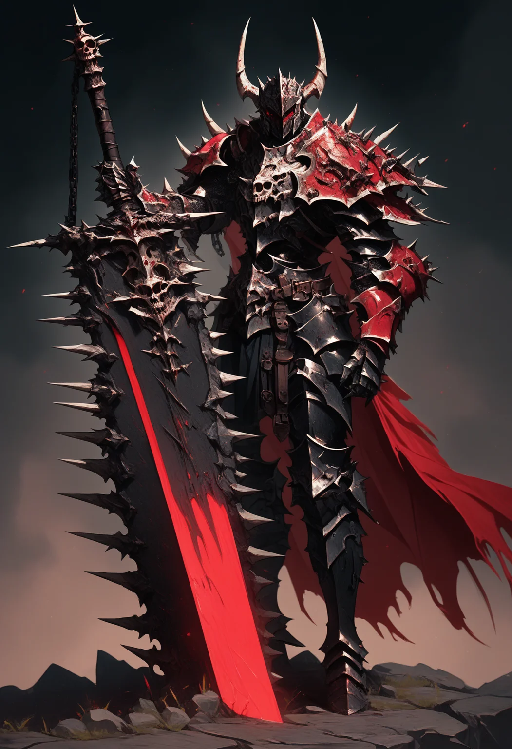 score_9, score_8_up, score_7_up, score_6_up, score_5_up, score_4_up,
<lora:ArmorSentinelV2:1>, arm0rs3nt1n3l,
armor with spikes, solo, looking at viewer, 1boy, red eyes, holding, standing, full body, male focus, weapon, boots, horns, belt, sword, holding weapon, cape, armor, torn clothes, blood, glowing, chain, holding sword, helmet, shoulder armor, 1other, gauntlets, spikes, pauldrons, skull, breastplate, red cape, fake horns, vambraces, armored boots, greaves, huge weapon, waist cape, planted, faulds, knight, full armor, ambiguous gender, blood on weapon, planted sword, black armor, helm, horned helmet, greatsword, leg armor