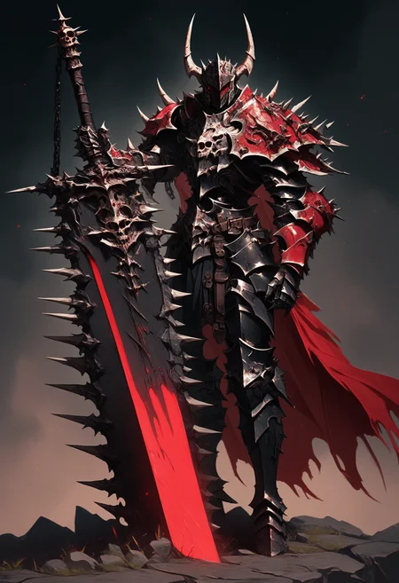 score_9, score_8_up, score_7_up, score_6_up, score_5_up, score_4_up,
<lora:ArmorSentinelV2:1>, arm0rs3nt1n3l,
armor with spikes, solo, looking at viewer, 1boy, red eyes, holding, standing, full body, male focus, weapon, boots, horns, belt, sword, holding weapon, cape, armor, torn clothes, blood, glowing, chain, holding sword, helmet, shoulder armor, 1other, gauntlets, spikes, pauldrons, skull, breastplate, red cape, fake horns, vambraces, armored boots, greaves, huge weapon, waist cape, planted, faulds, knight, full armor, ambiguous gender, blood on weapon, planted sword, black armor, helm, horned helmet, greatsword, leg armor