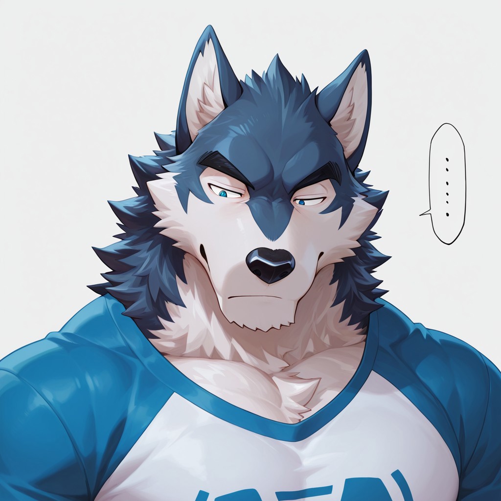 anthropo, solo, clothes, man, wolf, wolfish, simple background, fur, white background, t-shirt, blue eyes, high resolution, bust portrait, cute, takemoto arashi, half-closed eyes, ellipsis,
