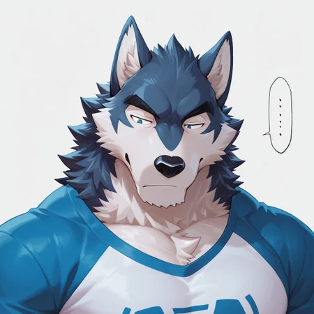 anthropo, solo, clothes, man, wolf, wolfish, simple background, fur, white background, t-shirt, blue eyes, high resolution, bust portrait, cute, takemoto arashi, half-closed eyes, ellipsis,