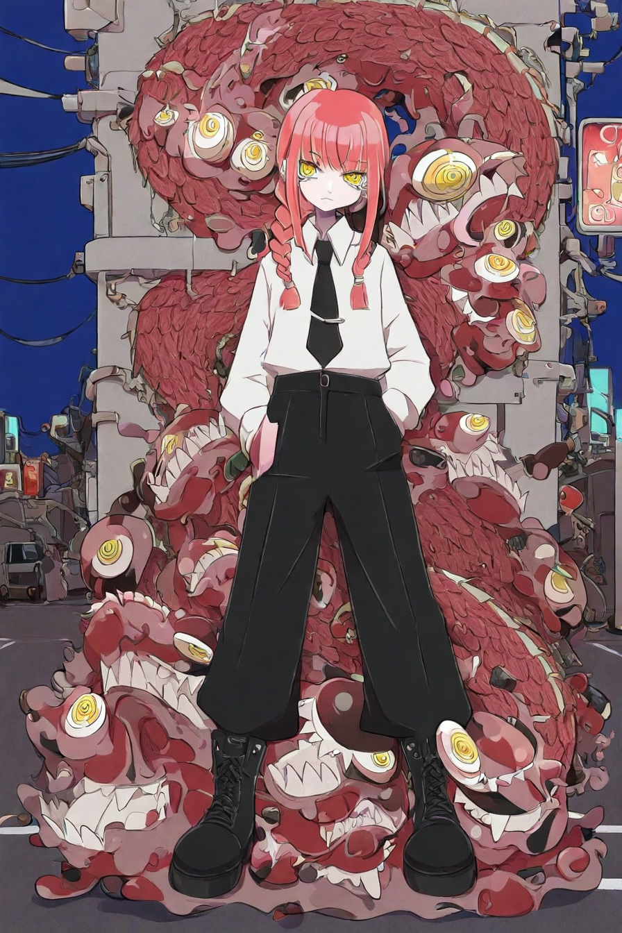 <lora:mak1ma0XL_Pony_v1:0.8> , mak1ma0, makima, red hair, long hair, ringed eyes, braid, white collared shirt,black necktie, black pants, 1girl, solo, alone, <lora:street_pop_art_illustriousXL:1>,  street_pop_art_style, masterpiece, highres