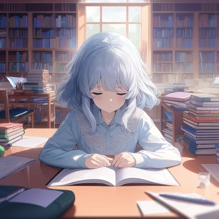 masterpiece, best quality, ultra-detailed, very aesthetic, illustration, perfect composition, intricate details, sitting_across_from, 1girl, a sleepy anime girl studying in the library
