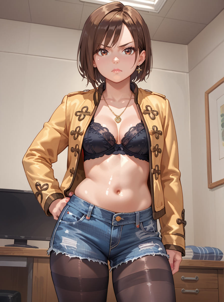 score_9, score_8_up, score_7_up, score_6_up,source_anime anime screencap  (anime coloring), <lora:LukaMilfyXL:0.7>lukamilfy, brown hair, pantyhose, jacket, shorts, legwear under shorts, jewelry, brown eyes, denim , 1girl, short hair, necklace print_legwear thick thighs, shiny skin,standing indoors,,  pantyhose,  denim shorts,  , black_bra, medium breasts,  navel stomach grumpy,
