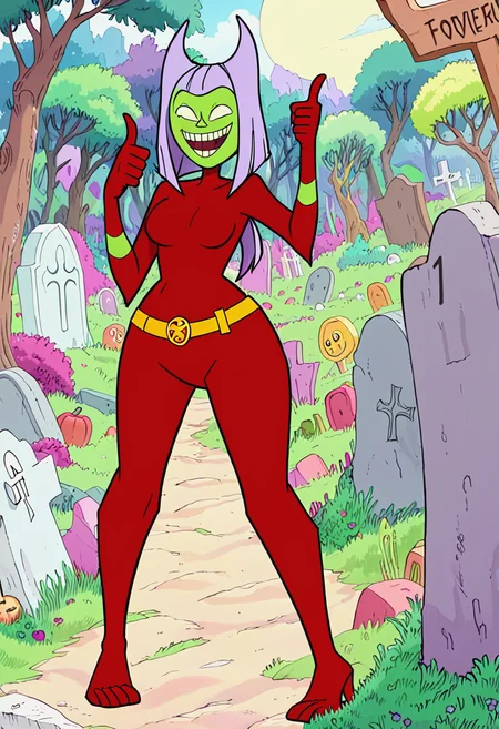 <lora:TwelveForever_ButtWitch_XL:0.8>, butt witch \(regular\), thumbs up, laughing, twelve forever, 1girl, solo, colored skin, red bodysuit, graveyard, masterpiece, best quality