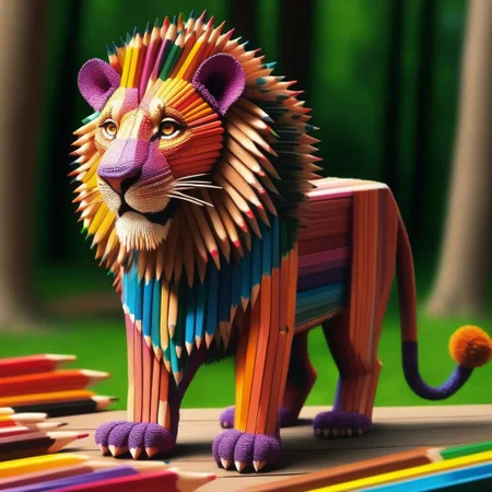 cute lion made out of pencils, office like savannah landscape, Pencil_morph_style, vibrant colours, 4k