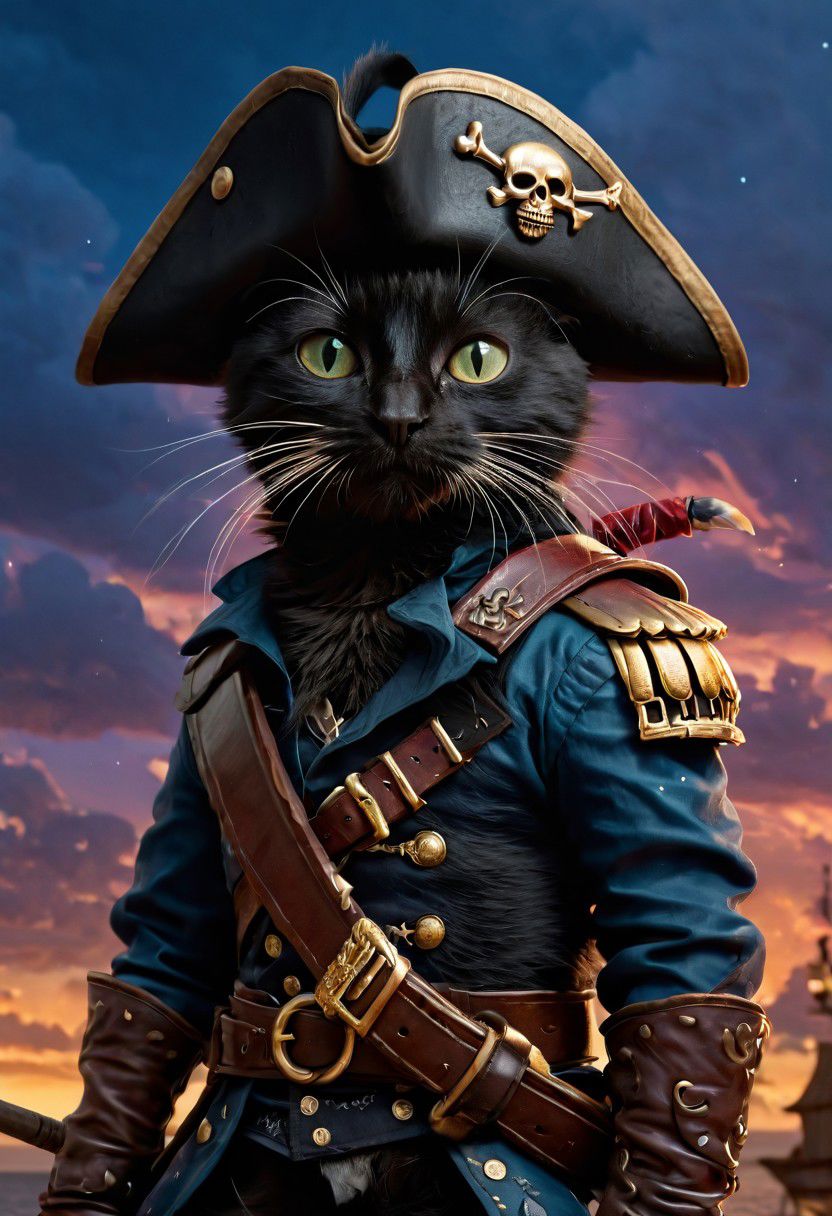 masterpiece, best quality, 32k, ((fantasy art by Boris Valejo)),((detailed background:1.4 )), ((sharp focus:1.4)), diffused soft lighting, skin indentation, highly detailed skin:1.2, (highly detailed:1.2) , ((little black kitten - sea pirate, saber, musket ,boots, eye patch, parrot on shoulder, leather hat, night,stars, clouds and lightning))),  detailed textures, night lighting,