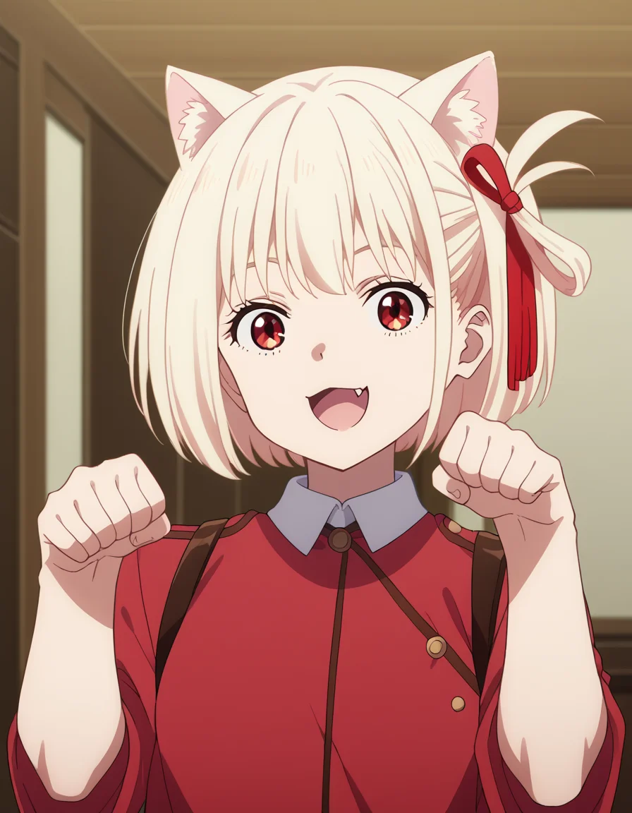 score_9, score_8_up, score_7_up, source_anime, chisatonishikigi, <lora:chisato-nishikigi-s1-ponyxl-lora-nochekaiser:1>, chisato nishikigi, short hair, bangs, blonde hair, red eyes, hair ribbon, one side up, bob cut,, <lora:paw-pose-ponyxl-lora-nochekaiser:1>, paw pose, cat ears, cat tail, animal ears, tail, cat girl, open mouth, fang, whiskers,, indoors, smile,, cowboy shot, dutch angle, looking at viewer,