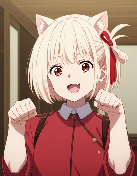 score_9, score_8_up, score_7_up, source_anime, chisatonishikigi, <lora:chisato-nishikigi-s1-ponyxl-lora-nochekaiser:1>, chisato nishikigi, short hair, bangs, blonde hair, red eyes, hair ribbon, one side up, bob cut,, <lora:paw-pose-ponyxl-lora-nochekaiser:1>, paw pose, cat ears, cat tail, animal ears, tail, cat girl, open mouth, fang, whiskers,, indoors, smile,, cowboy shot, dutch angle, looking at viewer,