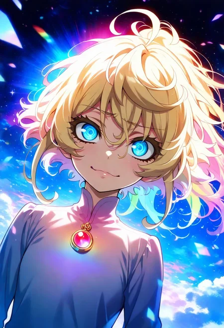 Tanya Degurechaff, masterpiece, best quality, amazing quality, very aesthetic, absurdres, anime screencap, clear face, correct face, clear eyes, striking blue magical glowing eyes, beautiful eyes, detailed eyes, even eyes, 1 girl, backlighting, Tanya Degurechaff from "The Saga of Tanya the Evil", in a surreal dream-like atmosphere: wearing a flowing, ethereal dress in soft pastel colors, short blonde hair gently tousled, striking blue eyes reflecting determination and mystery. Her face shows a contemplative expression with a hint of a smile. The mood is whimsical and introspective. She is floating among clouds, surrounded by soft glowing lights and abstract shapes, evoking a sense of wonder and imagination, Dutch angle, soft light, vibrant colors, multicolored rainbow light, focus on face, lots of soft light and colorful particles, colorful, masterpiece, best quality, amazing quality, very aesthetic, absurdres, newest, soft light, masterpiece, best quality, colorful, bright, multicolored, bright colors of paint, masterpiece, best quality, amazing quality, very aesthetic, absurdres, lots of multicolored rainbow light, focus on the face, lots of soft light, soft colors,