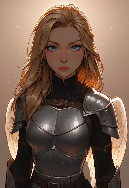 (score_9, score_8_up, score_7_up). ( line work, excellent drawing, highest quality, extremely detailed:1.2). 1girl, 24 years old, Valkyrie, viking warrior, blonde, adult face, perfect face, solid pale blue eyes, dark lashes, shiny look, petite, nymph, confident, chest armor, breast plate, leather shirt, tunic, angel wings, 3/4 view, cowboy shot, dynamic angle, g0thicPXL, romantic, cinematic lighting, volumetric lighting, source_cartoon, source_anime