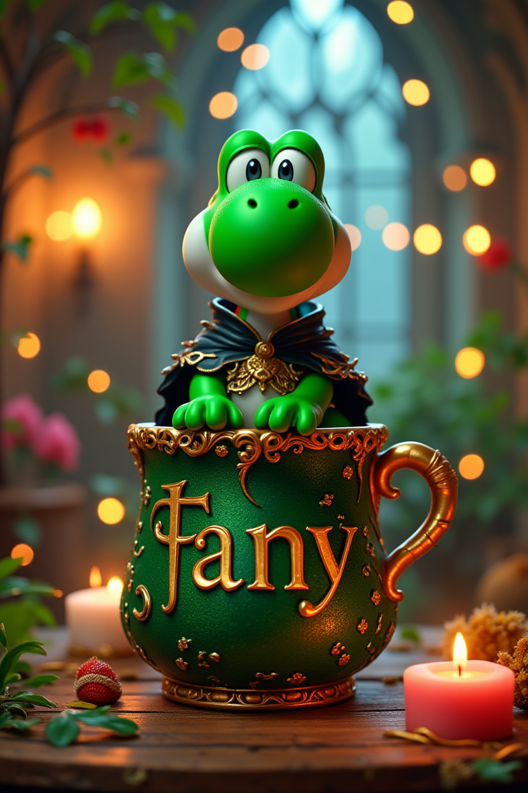 Beauty, realism, cinematic quality, chiaroscuro, rays of light, play of shadow and light, cinematic style, Super HD, A 3D illustration of a whimsical dark fantasy scene with Yoshi from Super Mario Bros. Yoshi is perched atop a lush green cup, intricately crafted with the name "Fany" in elegant gold lettering. Yoshi dons his iconic outfit, complete with dark fantasy-themed elements such as a dark cloak and spiky armor. The background showcases a vibrant, magical world illuminated by twinkling lights, with a cozy atmosphere evoked by the warm glow of lanterns and the flicker of candles. The dark fantasy-inspired typography, 3D rendering, and anime-style illustration make this a mesmerizing piece that perfectly encapsulates the essence of wonder and joy.