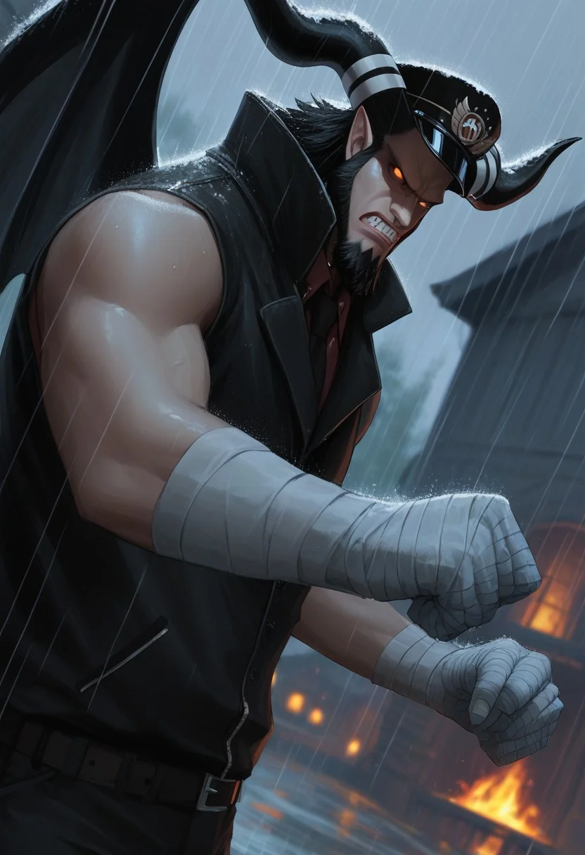 score_9, score_8_up, score_7_up, source_anime, rating_explicit, raining, MagellanOP, (black_Magellan_hair), black_Magellan_facial hair, pointy_Magellan_nose, 1boy, male focus, shaded face, black_Magellan_cap, black-white_Magellan_horns, black_Magellan_wings, grey_Magellan_bandaged hand, tank top, black trousers, fighting stance, hands with five fingers, blurry outdoors, fire, dutch angle, realistic shading,