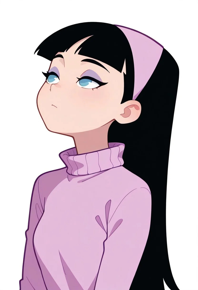 (masterpiece, no lineart, best quality,:1.2), 1girl, (solo:1.3), upper body, pink turtleneck sweater, long hair, pink hairband, bangs, eyeshadow, (waifu, exceptional, best aesthetic, new, newest, best quality, masterpiece:1.2), soft_lighting, soft_skin_tone, feminine_hair, (white background, simple background,:1.2), trixie, black hair, deep blue eyes