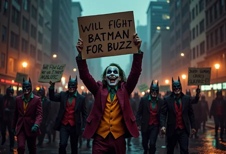 high quality, A group of Joker villains protesting on a dark street, Holding Up a sign with the words "will fight Batman for Buzz", beautiful masterpiece, wallpaper art, dark and brooding, full costumes, best, dynamic composition, magnificent, intense, perfect background, war, fighting, fire in distance, angry, high contrast lighting, dark buildings with bright streetlights, somber, tall city background, trashcan fires, slight rain,