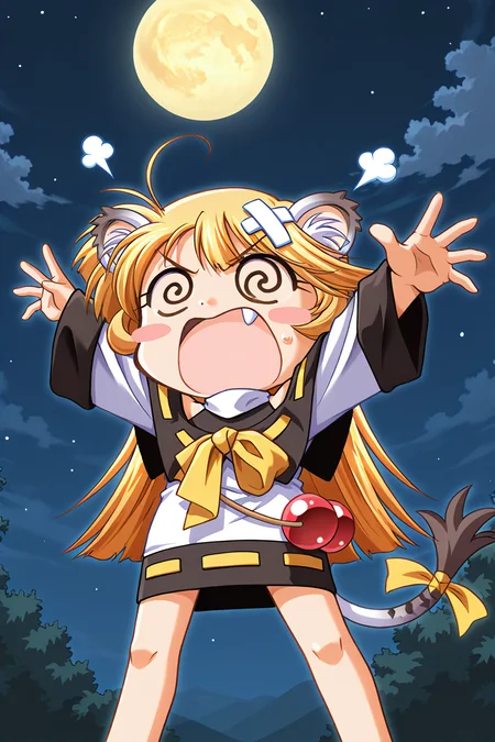masterpiece, best quality, absurdres, official art, official style, general BREAK <lora:ouki-torakapu_IL_v1-1:0.7>, ouki, 1girl, solo, blonde hair, sidelocks, long hair, ahoge, no headwear, flat chest, tiger girl, tiger ears, animal ear fluff, tiger tail, tail ribbon, yellow ribbon, turtleneck, halterneck, black capelet, ribbon trim, white dress, short dress, off-shoulder dress, bare shoulders, yellow bow, breast bow, long sleeves, wide sleeves, detached sleeves, red orbs, two large orbs, hanging from waist, outdoors, full moon, night, cloud, night sky, moonlight, starry sky,
blush stickers, @ @, bandaid, chibi, comic, fang, open mouth, outstretched arms, parody, spread arms, standing, style parody, sweatdrop