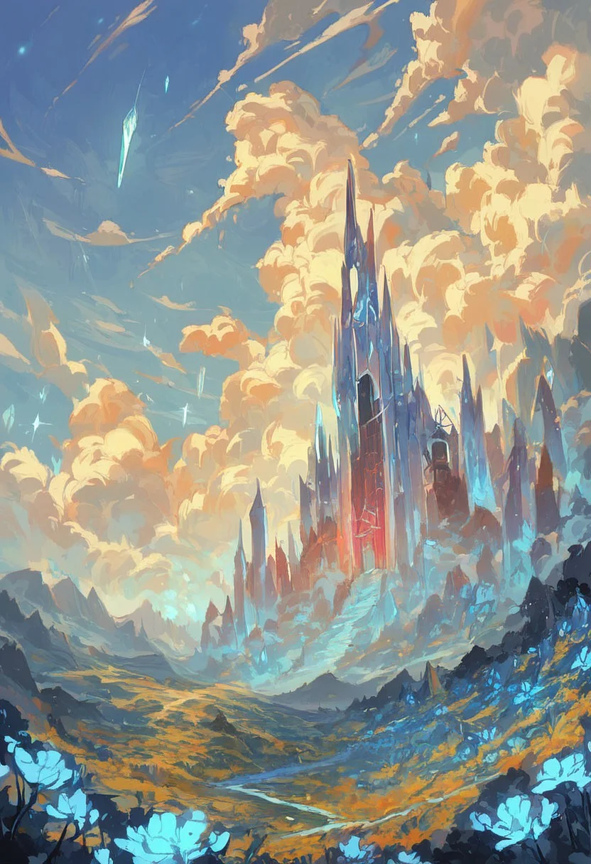 score_9,score_8_up,score_7_up, source_anime,
landscape, an massive shiny crystal glass tower, an ethereal valley, glowing flowers crystals, a sapphire sky with dark, clouds looming above