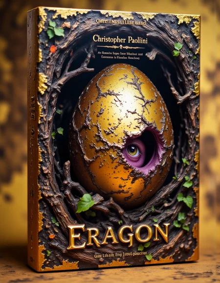 The cover of the book is bound in gold. On it, create a hyperrealistic picture of a large golden egg with stripes and textured splashes of purple, green and orange. The egg is shining, lying in a large nest of tree branches. It is a dragon's egg, and on one side there is already a hole, and through this hole a small dragon's face with an amber eye with purple and green sparkles and long wet eyelashes looks out. A strong magical atmosphere and a golden ethereal glow comes from the egg. Write the name of the author of the book - Christopher Paolini - at the top. At the bottom in large letters - Eragon. <lora:Flux_DoubleExposure:1> Jeddblexpsre, double exposure <lora:aidmaMJ6.1:1> aidmaMJ6.1 <lora:aidmaHyperrealism:1> aidmaHyperrealism <lora:Flux_Darkfantasy:1> dark fantasy, creepy, horror
