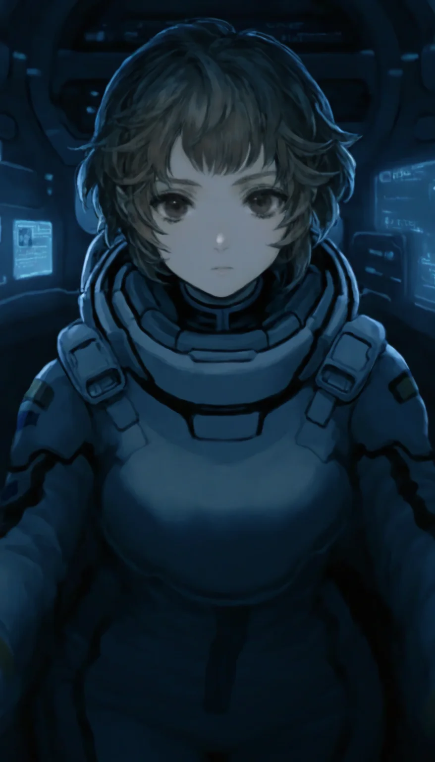 masterpiece,best quality,amazing quality,
<lora:natsunominamiNAI:1>,natsunominami,
1girl,solo,brown hair,short hair,bangs,brown eyes,spacesuit,upper body,looking at viewer,indoors,blue tones,cockpit,cyberpunk atmosphere,digital scan effect,dark,vignetting,