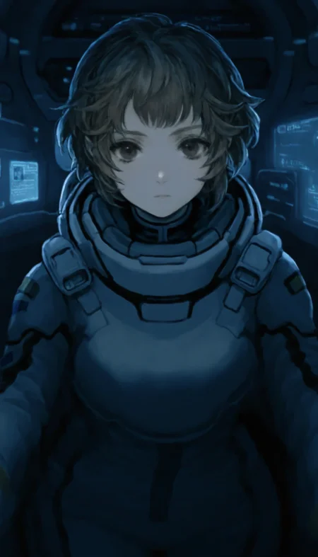 masterpiece,best quality,amazing quality,
<lora:natsunominamiNAI:1>,natsunominami,
1girl,solo,brown hair,short hair,bangs,brown eyes,spacesuit,upper body,looking at viewer,indoors,blue tones,cockpit,cyberpunk atmosphere,digital scan effect,dark,vignetting,