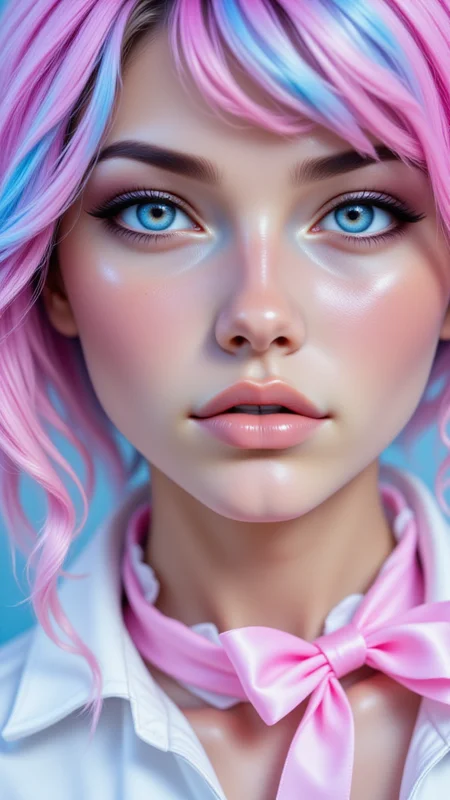 1woman, dllj02, A close-up shot of a supermodel with cotton-candy-inspired colors. Her hair has pastel pink and blue streaks, her eyelids are dusted with baby blue shadow, and her lips are a soft pastel pink gloss. The lighting is soft, like the dreaminess of a carnival.,<lora:BetterPortraits:0.7>, jedjv1, <lora:JedJourney_epoch_7:0.3>, <lora:FLUX_Dolleij02:0.7>