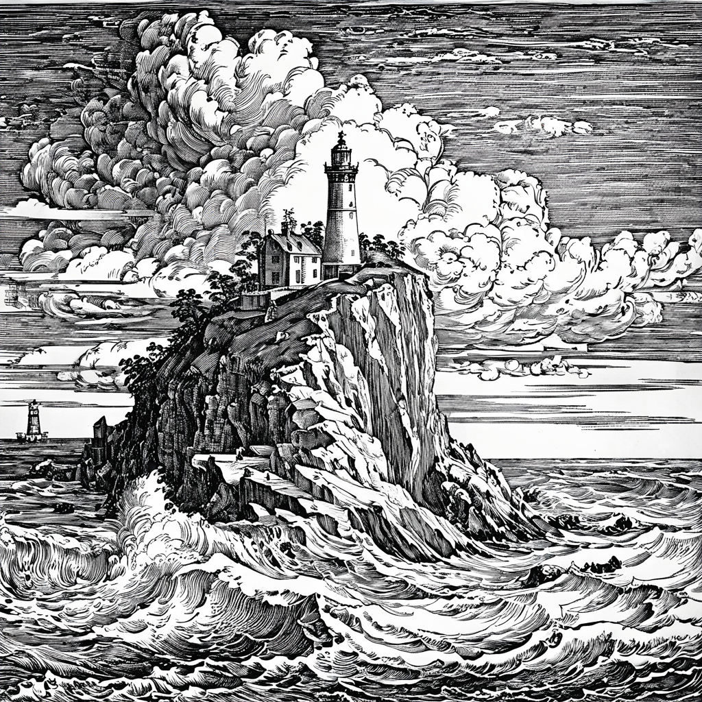 durer, engraving, monochrome, lighthouse on a high cliff, rough sea, puffy clouds, <lora:DURER-01:1>