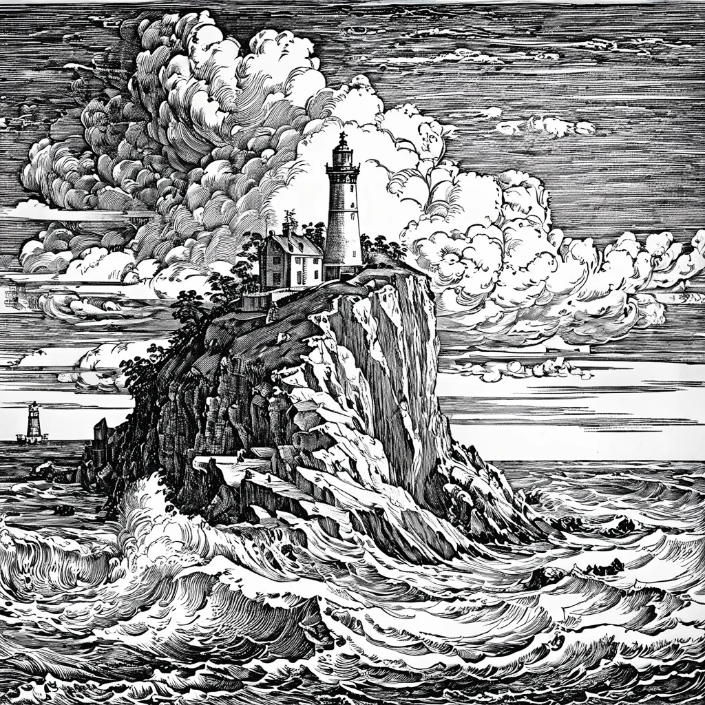 durer, engraving, monochrome, lighthouse on a high cliff, rough sea, puffy clouds, <lora:DURER-01:1>