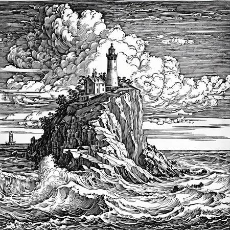 durer, engraving, monochrome, lighthouse on a high cliff, rough sea, puffy clouds, <lora:DURER-01:1>