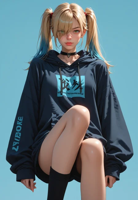 score_9, score_8_up, score_7_up, 1girl, solo, green eyes, two toned hair, blonde hair, blue hair, twintails, oversized hoodie, black choker, hair over one eye, bangs, bare legs, high socks, angry, dynamic angles, simple background, highly detailed, cowboy shot