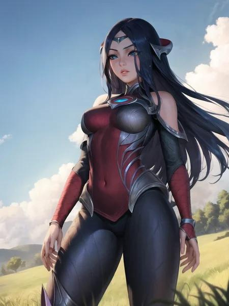grass, field, sky, irelia, league of legends, (black legwear), highres, 1girl, armor, arm wrap, breasts, bangs, bare shoulders, blade, blue eyes, blue hair, covered navel, forehead protector, lips, long hair, medium breasts, off shoulder, parted bangs, parted lips, pelvic curtain, standing, solo <lora:ireliav2-000034:1>