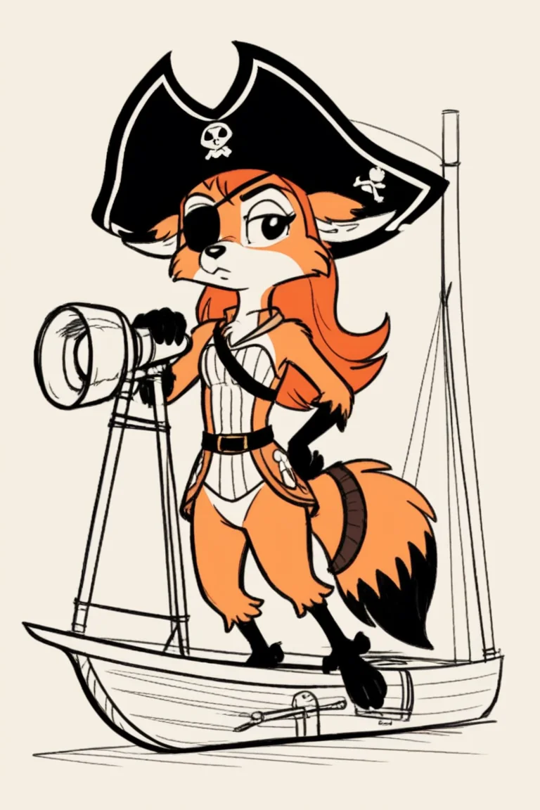4utumn_p, (solo), petite, small, black arm, fox tail, fox, body fur, sketch,
full body, animal nose, snout,
orange hair,
pirate costume, black eyes patch, on a ship, sailing, looking in telescope, parrot on shoulder,
<lora:Autumn_from_Precocious-000006:0.7>