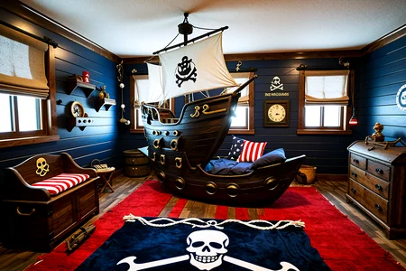 no humans,no animals,A amateur snapshot of a Pirate-Themed Bedroom, a playful bedroom with a bed designed like a pirate ship, deep blue wooden walls, and rustic furniture. The room includes a visible single mattress inside the ship-shaped frame, wall-mounted ship wheels, a treasure chest toy box, and a cozy reading corner with nautical pillows and a red rug.,, Masterpiece,best quality,realistic,HDR, 8K, masterpiece, best_quality, absurdres, ultra-detailed, highly_aesthetic, depth_of_field