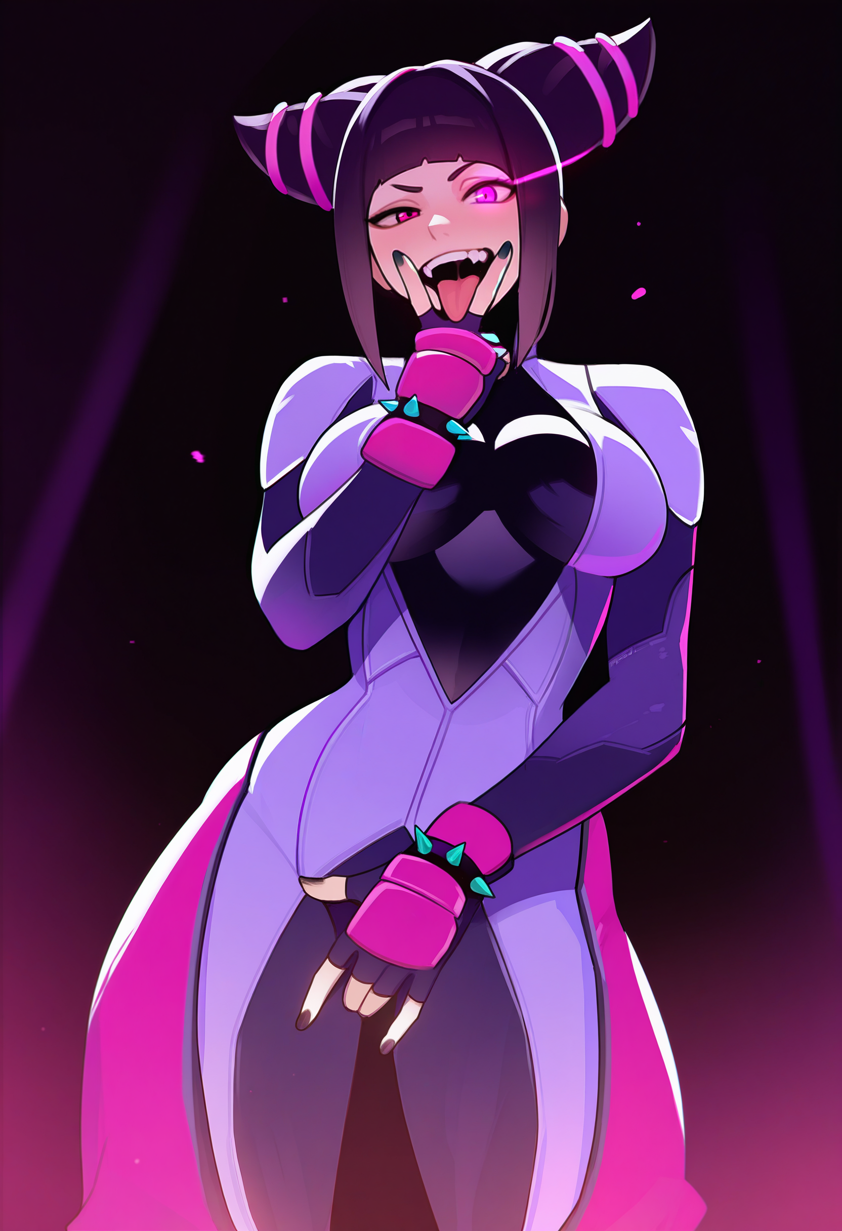 1girl, solo, han juri, cunnilingus gesture, curvy, dark background, glowing eye, tongue, bodysuit, v over mouth, fingerless gloves, 
masterpiece, best quality, <lora:rezodwel-guy90-Illust-Lycorisv1:1> rezwel