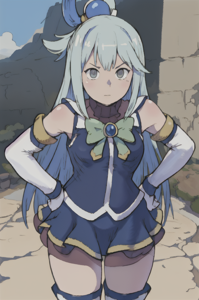 Aqua(/Konosuba)/,(ultra HD quality details), pale skin, blue eyes, blue hair, long hair, hair ornament, hair rings, single hair ring, blue footwear, blue hair, blue thighhighs, boots, detached sleeves, thigh boots, thighhighs, white thighhighs, thighhighs, bare shoulders, blue skirt, blue shirt, green bow, hands on hip, legs aside, leaning forward, angry face, Bravely Default Style, yoshida akihiko, <lora:pony\char\anime\Aqua (Konosuba) - XL Pony V2.0.safetensors>, <lora:styles\yoshida_akihiko_offset.safetensors>, <lora:styles\BravelyDefault.safetensors>, <lora:FinalFantasyTacticsJob.safetensors>, <lora:char\anime\aqua_konosuba-000035.safetensors>, <checkpoint:[Pony] prefectPonyXL_v10.safetensors>