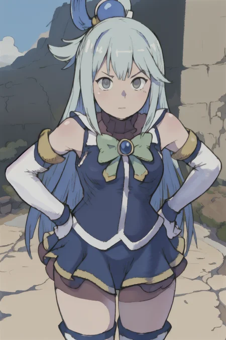 Aqua(/Konosuba)/,(ultra HD quality details), pale skin, blue eyes, blue hair, long hair, hair ornament, hair rings, single hair ring, blue footwear, blue hair, blue thighhighs, boots, detached sleeves, thigh boots, thighhighs, white thighhighs, thighhighs, bare shoulders, blue skirt, blue shirt, green bow, hands on hip, legs aside, leaning forward, angry face, Bravely Default Style, yoshida akihiko, <lora:pony\char\anime\Aqua (Konosuba) - XL Pony V2.0.safetensors>, <lora:styles\yoshida_akihiko_offset.safetensors>, <lora:styles\BravelyDefault.safetensors>, <lora:FinalFantasyTacticsJob.safetensors>, <lora:char\anime\aqua_konosuba-000035.safetensors>, <checkpoint:[Pony] prefectPonyXL_v10.safetensors>