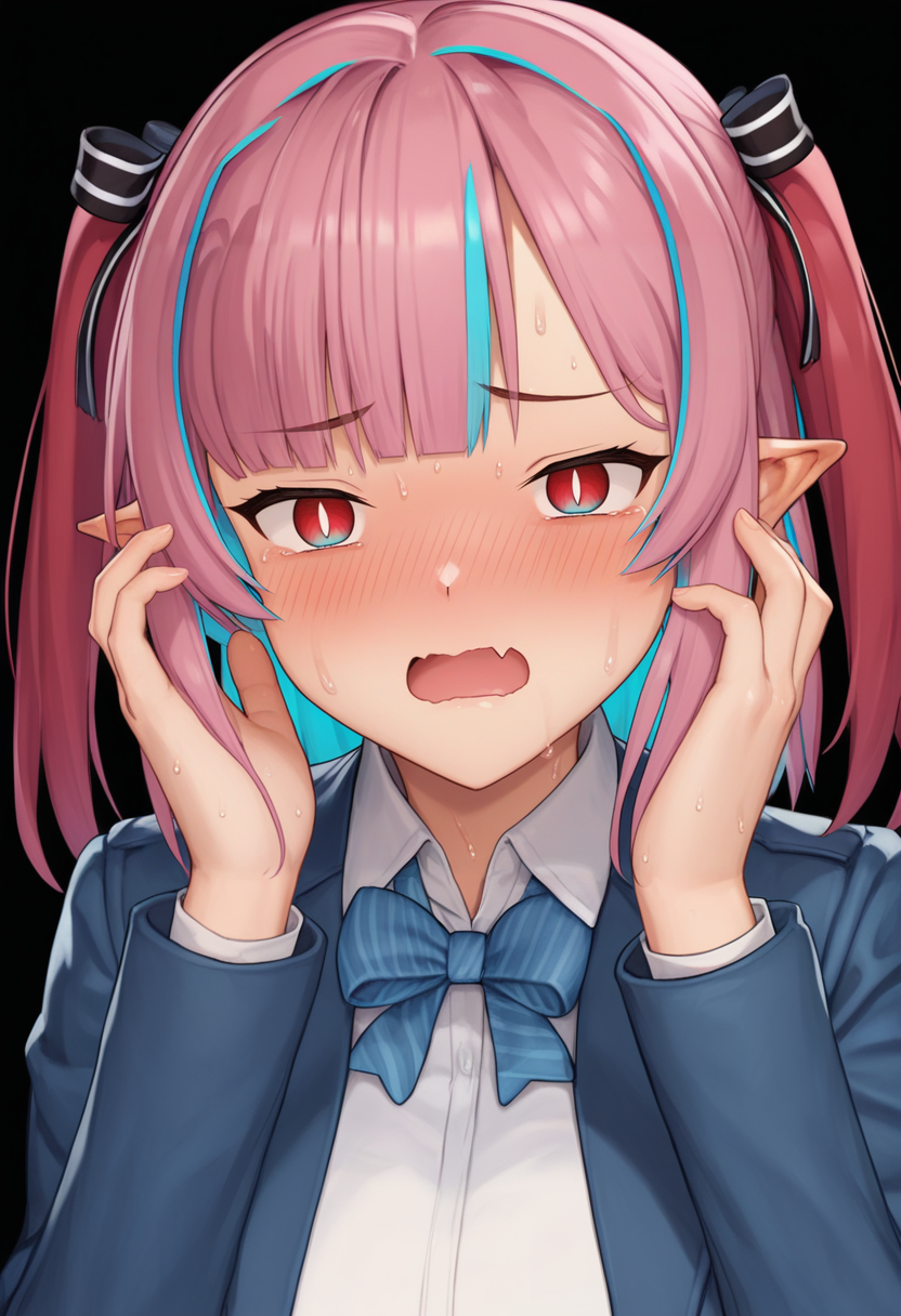 score_9, score_8_up, score_7_up, 1girl, solo, portrait, hands on own face, blush, narrowed eyes, wavy mouth,open mouth, fang, sweat, jacket uniform, collared shirt, blue jacket, large breasts, multicolor eyes, medium hair, red twintails, hair ribbon, pointy ears, kanan zebel, simple background, black background <lora:kanan xl 012 fro 99:1>