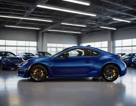 epic cinematic shot of dynamic portrait, a ((Sapphire blue)) Subaru-BRZ, yellow trade plates, in a car showroom, highly reflective black floor, huge window, side view in motion. main subject of high budget action movie. raw photo, motion blur. best quality, high resolution