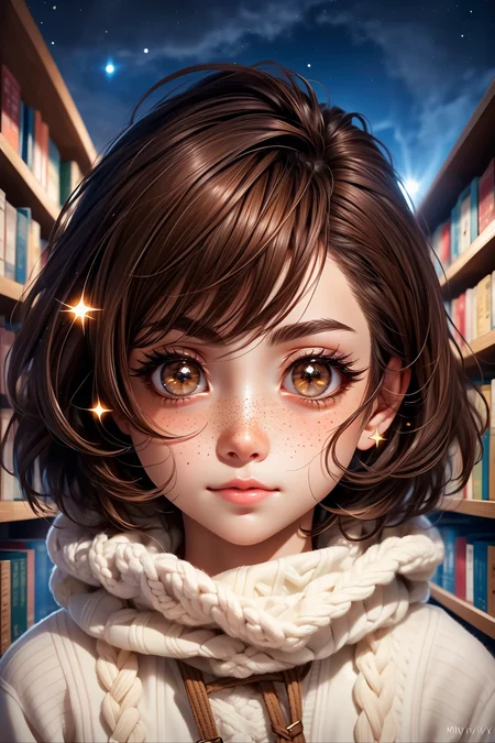 closeup, face, portrait, upper body,
freckles,
shy, blush,
(short brown hair:1.1),
(library:1.1),
(brown eyes:1.4),
cozy, detailed eyes, winter sweater,
<lora:more_details:0.35>
<lora:Cosmic anime-oil fusion v2:0.35>
<lora:AnimeVibesV3:0.5> animevibes,
<lora:3DMM_V11:0.6> 3DMM
<lora:midjourney_20230624181825:0.4> midjourney
<lora:LAS:0.35> cloud,colorful, starry,stars, shiny, shiny hair, shiny skin, shiny clothes
