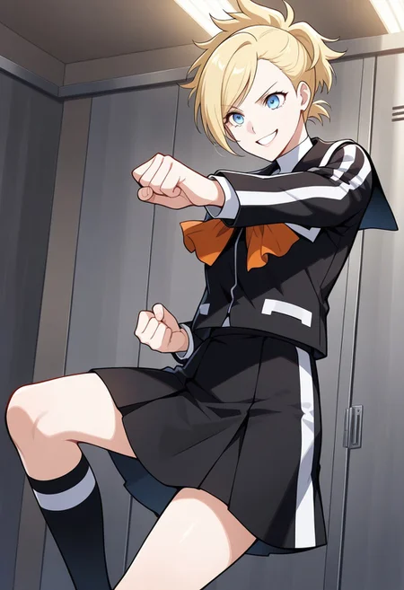1girl, solo, l1s4p2, blonde hair, short hair, ponytail, blue eyes, black school uniform, long sleeves, orange ribbon, skirt, knee socks, grin, fighting stance, indoors, corridors
