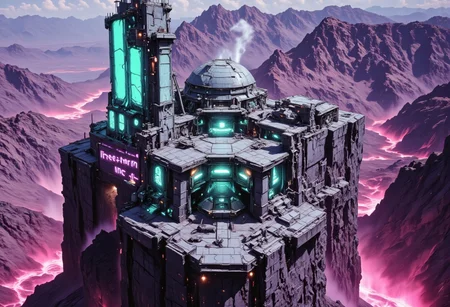 OBxiaoxiang, CAICO, inksketch purple and gray theme, Abstract digital painting in the style of ck-js, detailed photorealistic image, a sci-fi Miningstation of colossal buildings and towers in a barren lavender lush landscape, looking like an Mining Outpost perched at the Cliff, a smelter attached to the structures, of a volcanic cliff, its sleek towers a stark contrast to the cliffs surrounding it. The planet’s sun casts a vivid, cyan surreal light across the station, while deep fissures reveal glowing rivers of molten pink lava far below. The sky is a surreal shade of black and purple, dark glowing diodes and lights ((dark glowing diodes, lights and neon signs), Firestorm Inc. written on the neon signs), attached to the building is a landing field with 3 Spaceships landed on it, Dragonkin like creatures are around fixing some spaceships, two moons hanging low in the horizon, each reflecting light off the surface, large depth of field. The sky is a dark pink, with 2 broken moons hanging low in the horizon <lora:more_details>
realistic, detailed background, shaded, detailed, hi res, realistic, photography \(artwork\), (by kenket), by ross tran, by michael & inessa garmash, by pino daeni, by isvoc, by kiguri, by alena aenami, by ruan jia, (by zenthetiger, by wolfy-nail), by Enki Bilal, by drmax, photorealism, <lora:add_detail:1.3