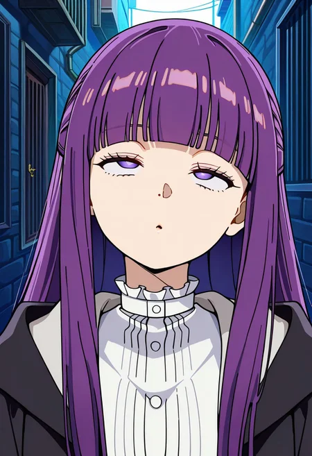 masterpiece, best quality, highres,(crossed eyes:1.5),(rolling eyes:1.2),wide eyed,o,head tilt,Alley,midnight, 1girl, solo, Fern (Sousou no Frieren),purple hair, long hair, bright pupils, blunt bangs, cross3d_3y3s, crossed_eyes, empty_eyes, <lora:Crossed_eyes_-_Hypnosis_-_Illustrious:1.5>