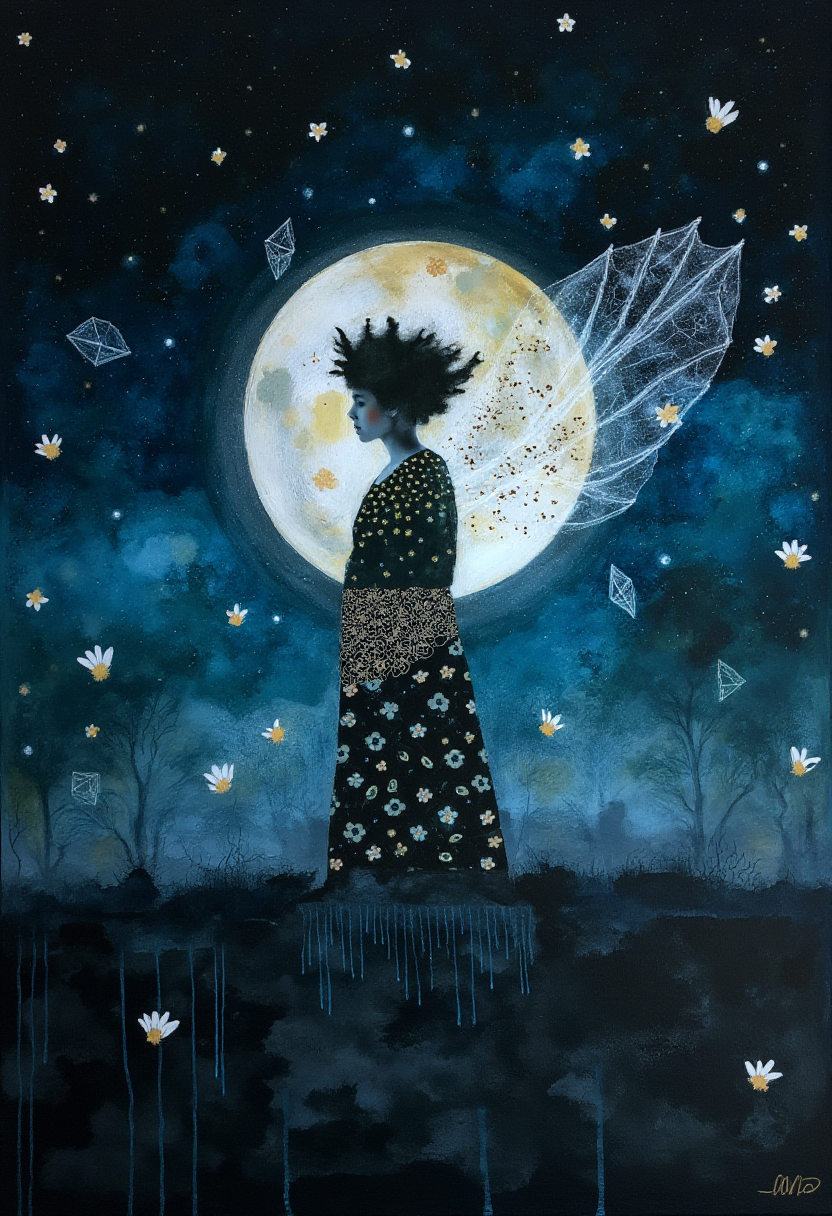 In this bewitching composition, a luminous youth embraces the ephemeral splendor of a moonlit nightscape. The ethereal figure stands gracefully amidst a sea of turbulent shadows, immersed in the celestial glow of an elusive moonbeam that artfully caresses her gossamer wings. Her delicate silhouette adorned with twinkling constellations fades seamlessly into the intricate web of fractal patterns, harkening to the boundless expanse of cosmic geometry and the dreamlike realm beyond mortal understanding.  With every rustle of wind, ethereal petals shower down upon her, their gentle flutter accentuating her bewitching beauty as if holding her aloft within the confines of this ethereal realm. The atmosphere pulsates with a palpable sense of magic and wonder as the colors evolve from indigo twilight to a radiant golden hue, highlighting the harmony between light and dark, embodied in this celestial figure. The sense of vastness and isolation adds depth to the scene, underscoring the mysterious solitude of her exalted presence amidst the cosmic dance of stars and shadows.  As the golden ratio guides us through this divine composition, emotions swell within each stroke of masterful artistry, drawing us ever closer to the enigma of beauty's unraveling in this captivating moment frozen in time. The figure stands enthralling, poised on the precipice between obscurity and luminosity, representing the essence of our own profound yearning for transcendent connection with the cosmos. ,<lora:flux/Kate Morgan.safetensors:1.0:1.0>